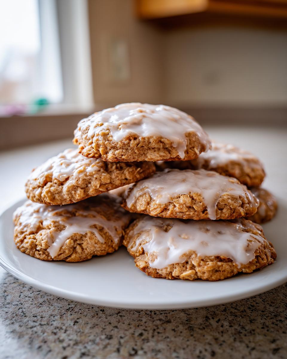 A stack of freshly baked iced oatmeal cookies drizzled with white glaze, resting on a white plate.
