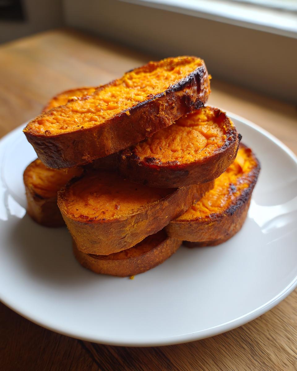 A stack of four thick, toasted sweet potato toast slices with caramelized edges on a white plate.