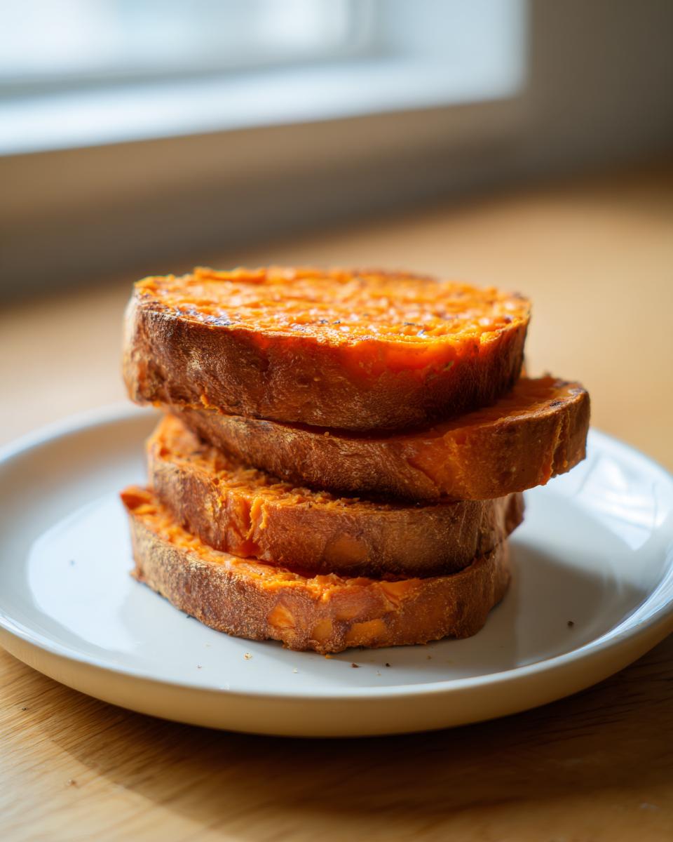 A stack of four thick, bright orange slices of sweet potato toast resting on a white plate.