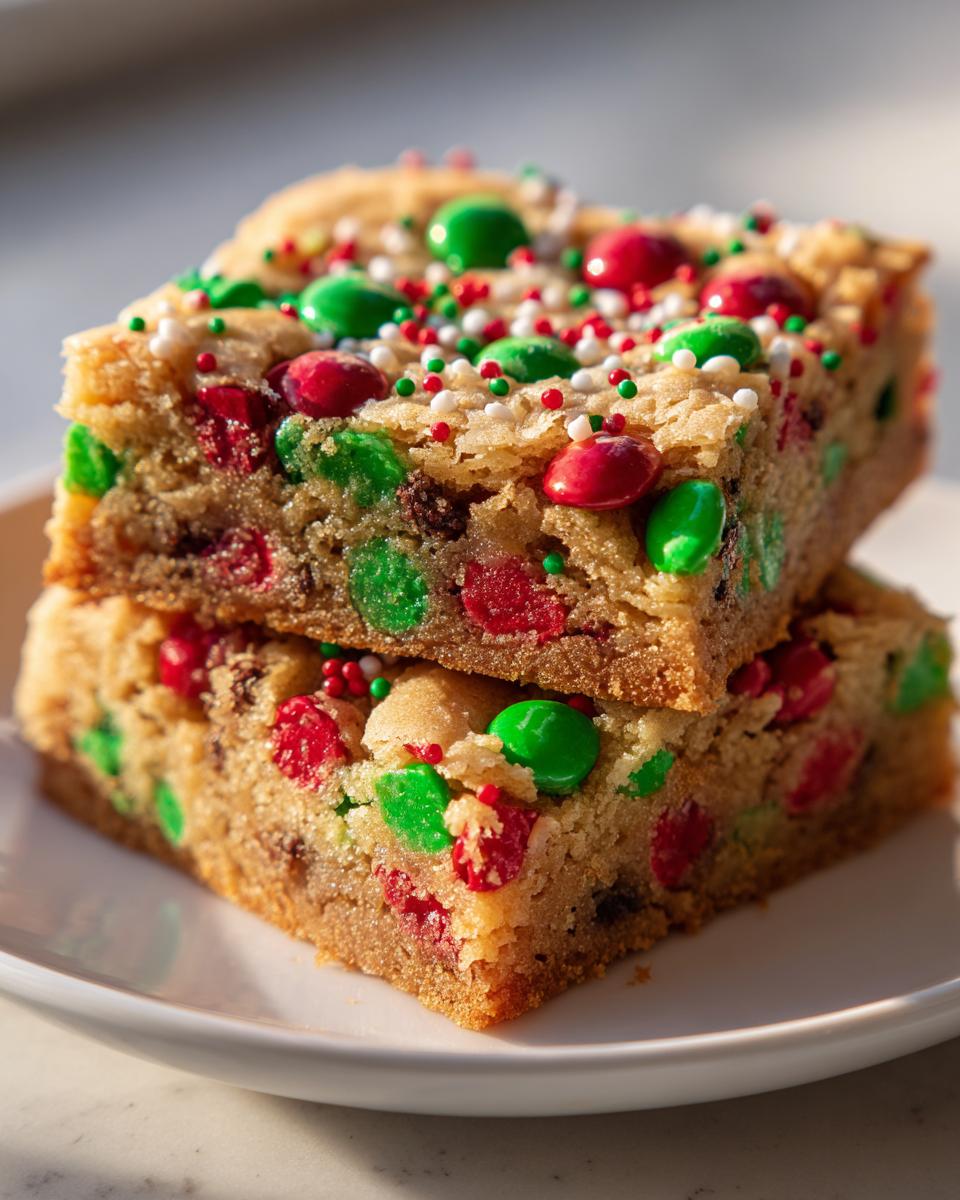 Two stacked, thick Christmas cookie bars loaded with red and green candies and festive sprinkles.