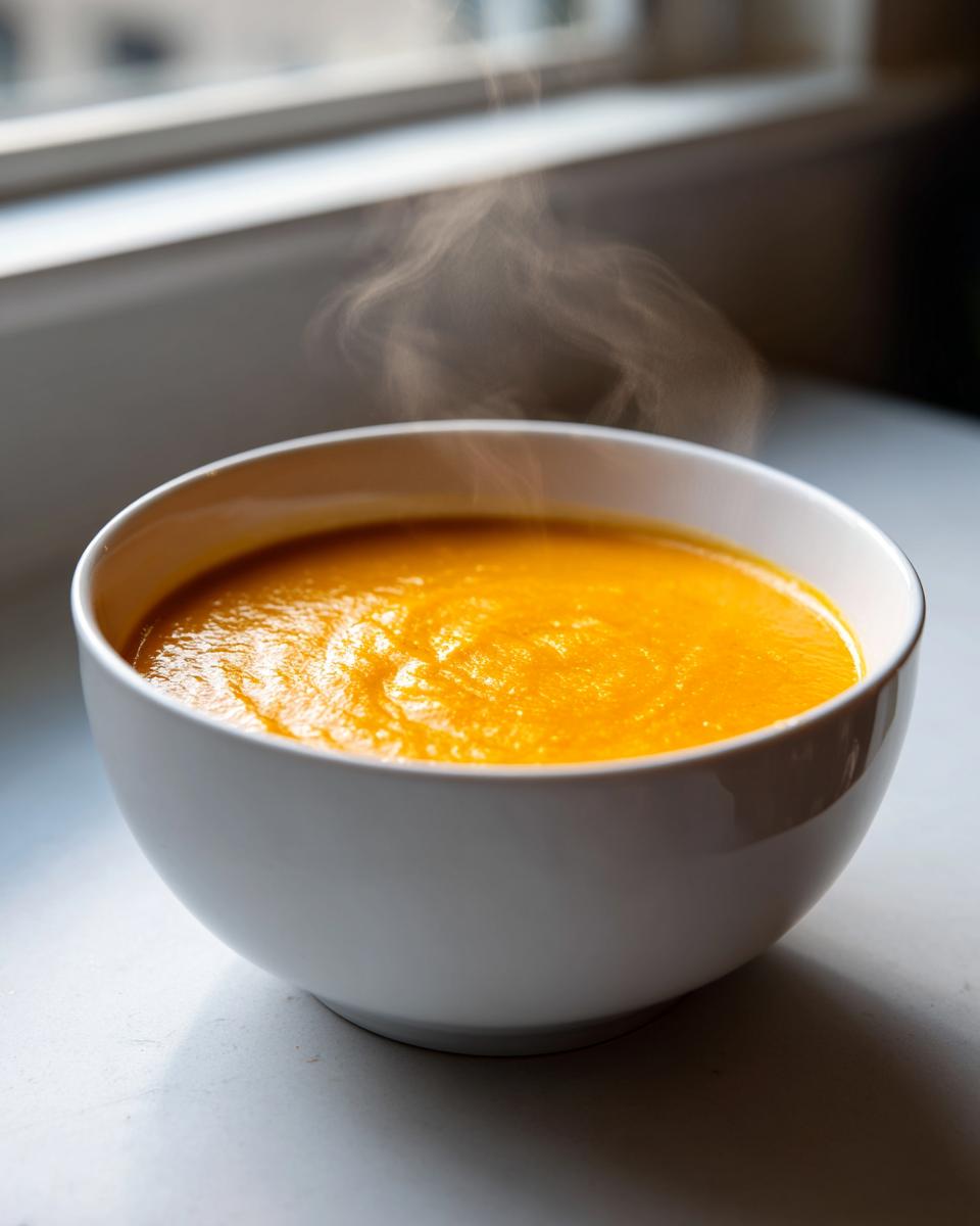 Close-up of a white bowl filled with hot, bright orange cheese soup, steam rising from the surface.