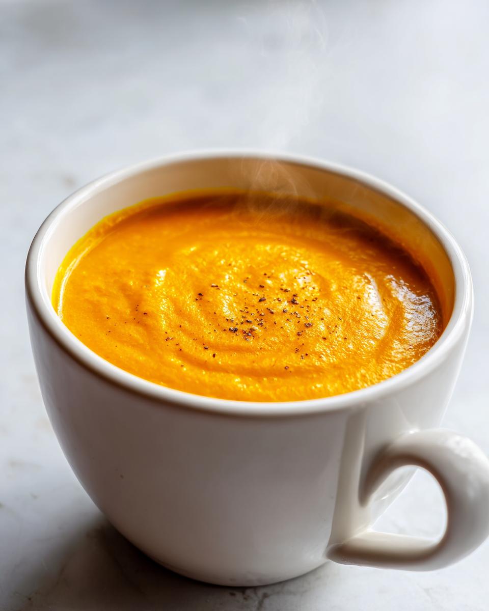 Close-up of a steaming white mug filled with vibrant orange cheese soup, topped with cracked black pepper.