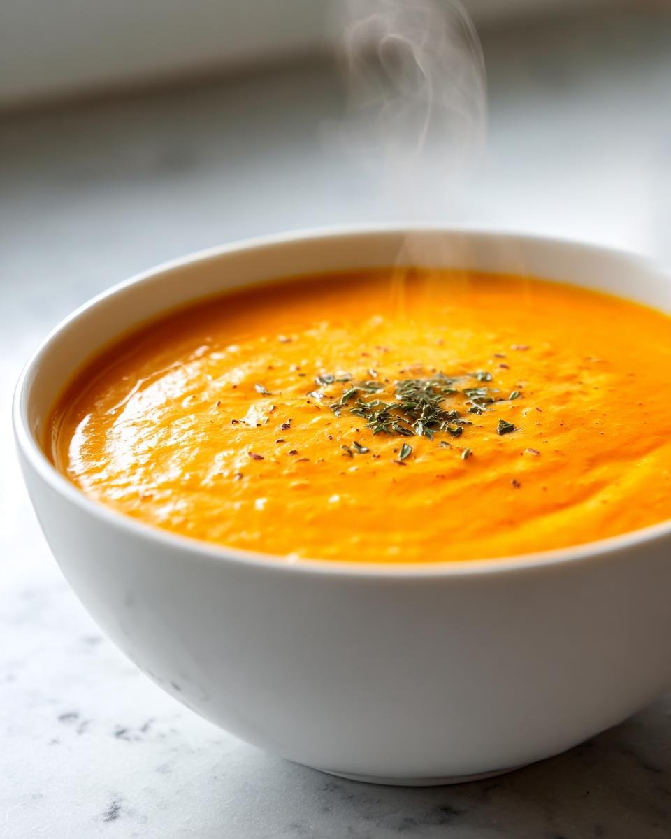 Close-up of a steaming white bowl filled with vibrant orange cheese soup, garnished with dried herbs.