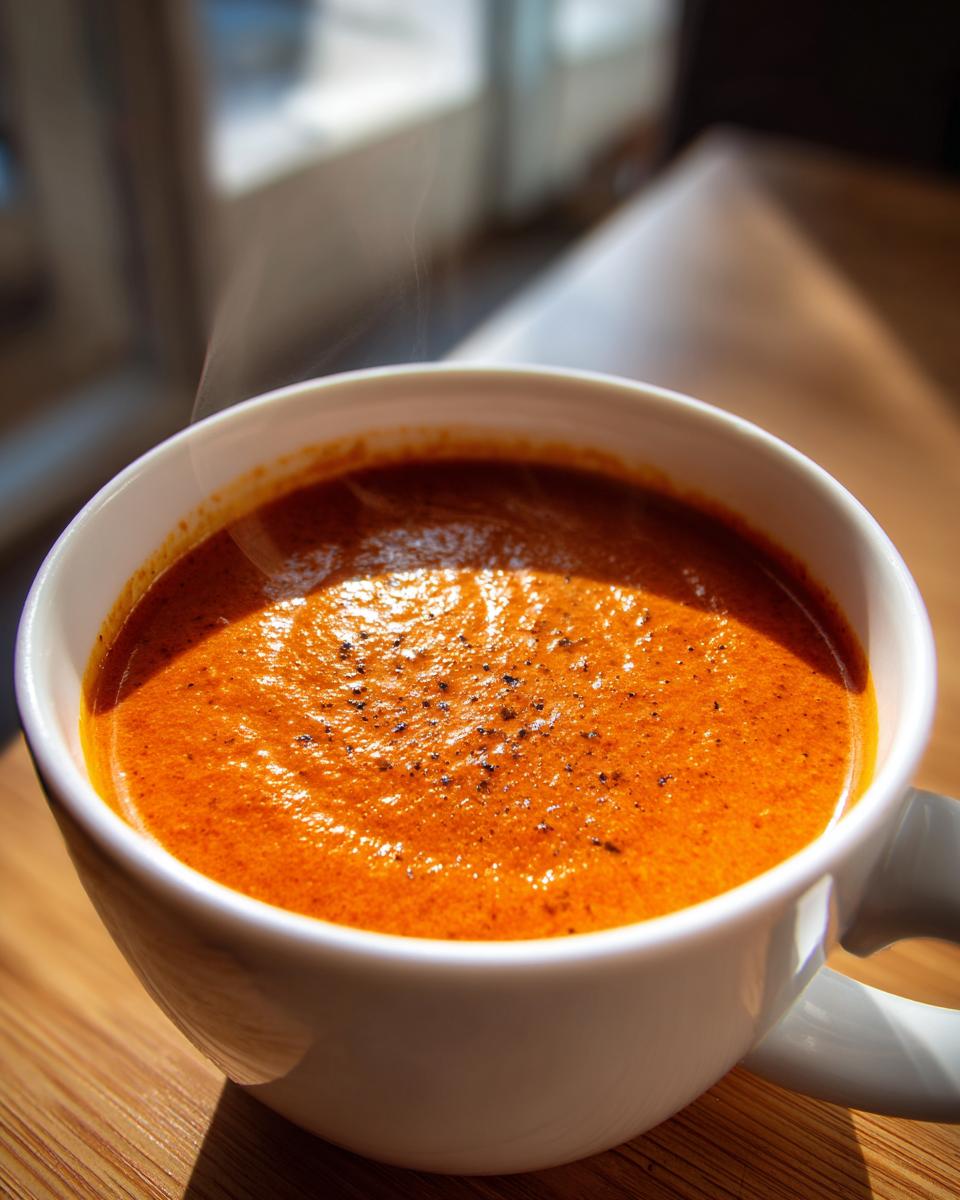 Close-up of steaming hot, ultra creamy tomato bisque in a white mug, seasoned with cracked black pepper.