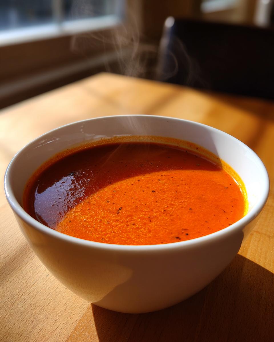 Close-up of a steaming white bowl filled with vibrant, creamy tomato bisque on a wooden table.
