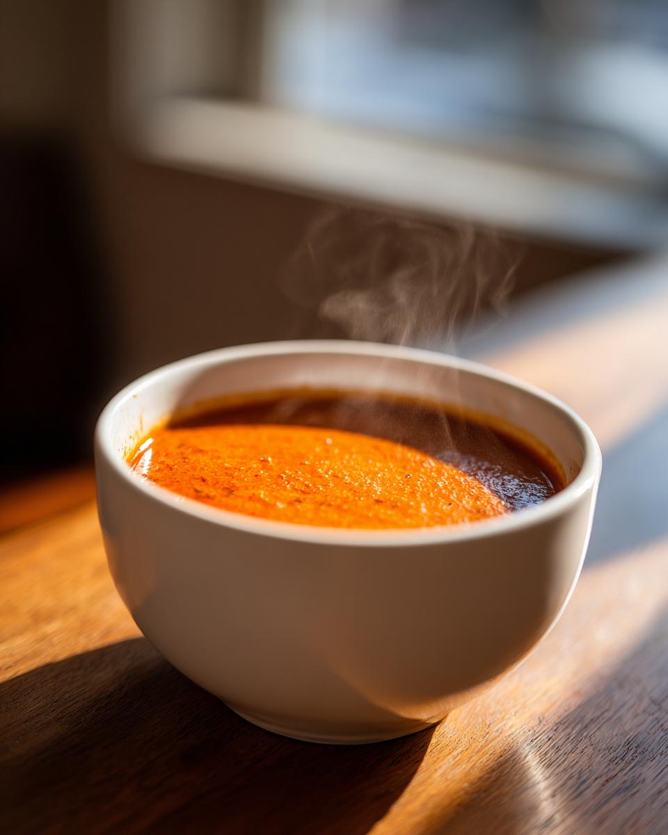 Close-up of a steaming white bowl filled with ultra creamy tomato bisque, highlighted by sunlight on a wooden table.