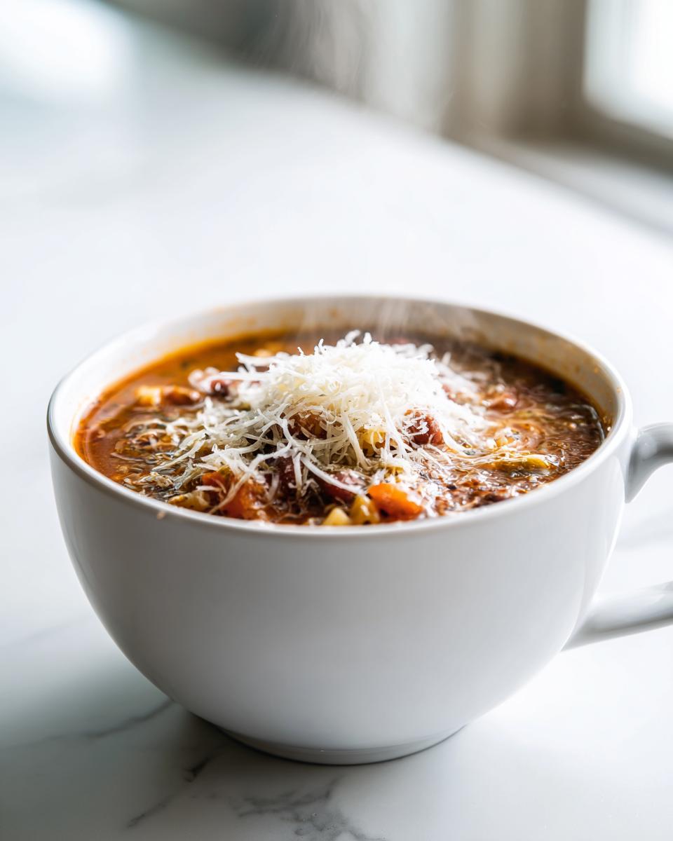 A steaming white mug filled with hearty minestrone soup, topped generously with shredded Parmesan cheese.