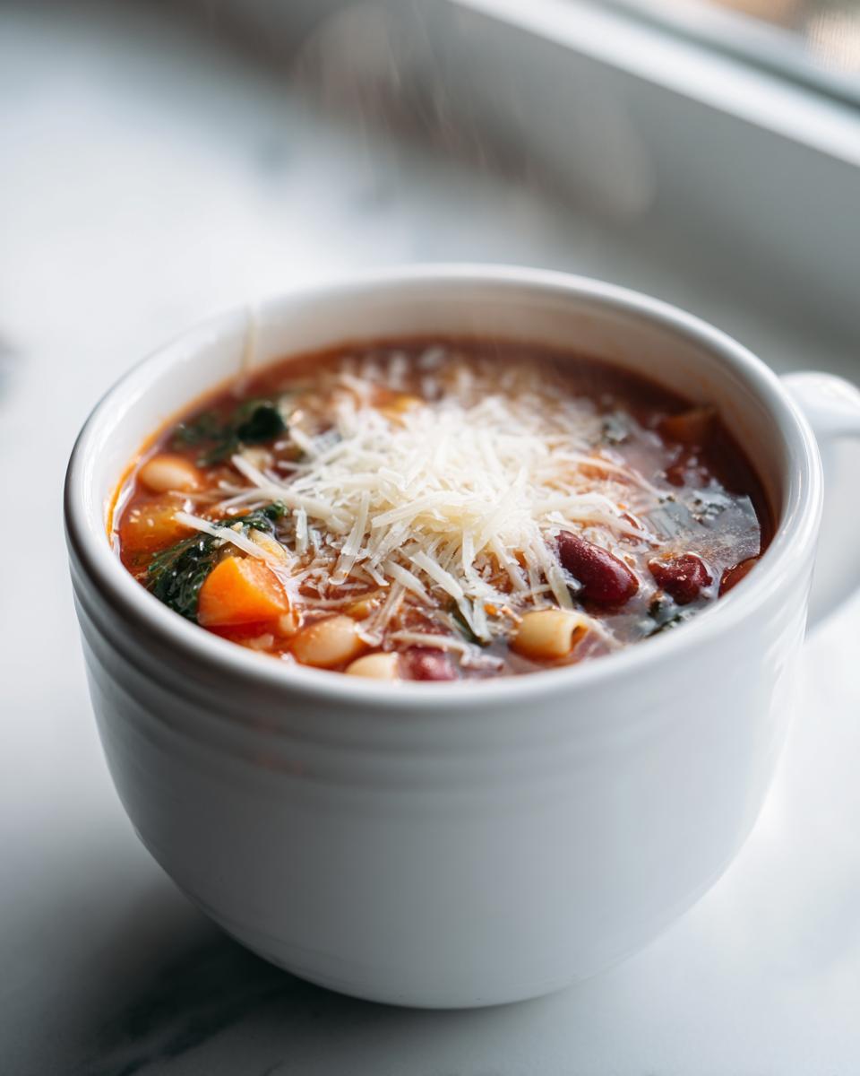 A close-up of a steaming white mug filled with hearty minestrone soup, topped generously with shredded Parmesan cheese.
