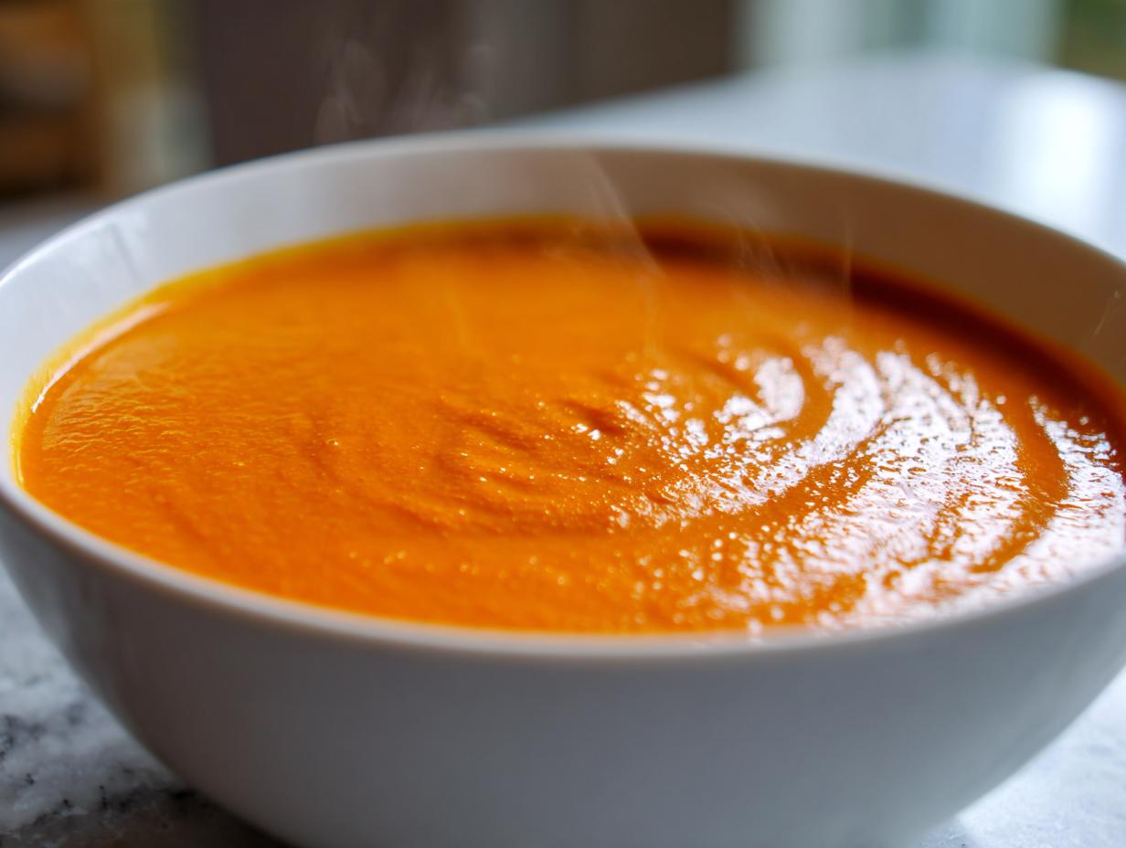 Close-up of a steaming white bowl filled with thick, vibrant orange cheese soup.
