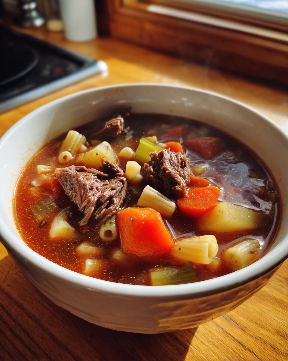 Close-up of a steaming white bowl filled with rich vegetable beef soup, showing chunks of beef, carrots, potatoes, and pasta.