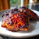 Close-up of two incredibly sticky and glossy bbq chicken thighs coated in dark, caramelized sauce.
