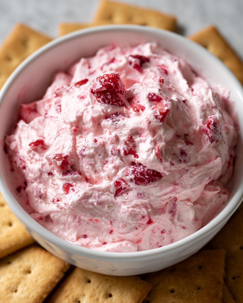 Close-up of creamy pink strawberry cheesecake dip mixed with chopped strawberries, served in a white bowl surrounded by crackers.