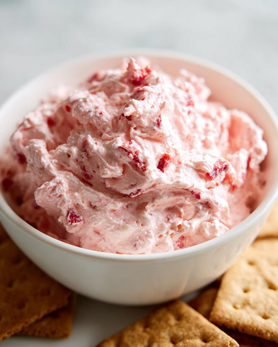 Close-up of fluffy pink strawberry cheesecake dip served in a white bowl surrounded by graham crackers.