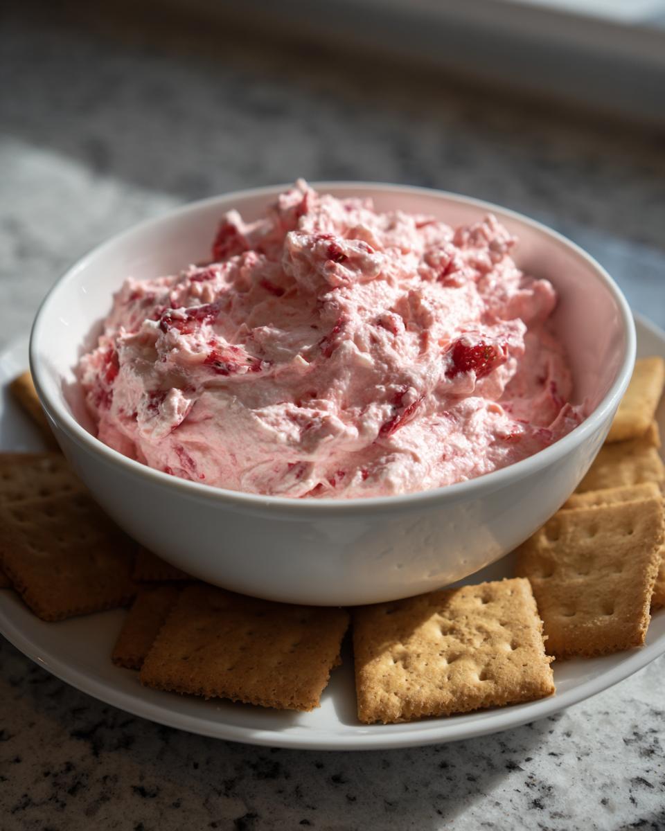 A white bowl filled with creamy, pink strawberry cheesecake dip, surrounded by graham crackers on a white plate.