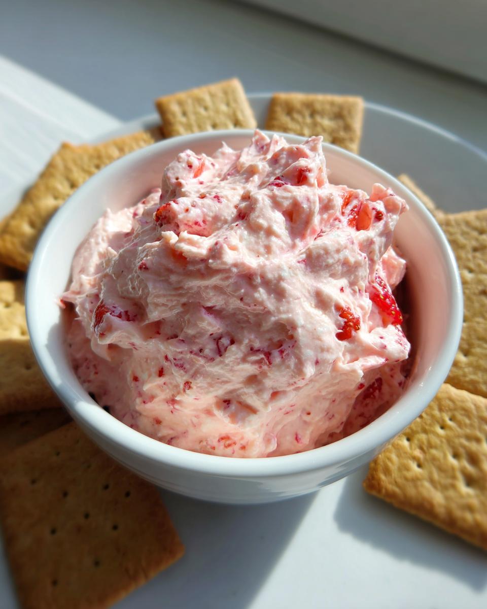 A white bowl filled with pink, fluffy strawberry cheesecake dip surrounded by graham crackers.