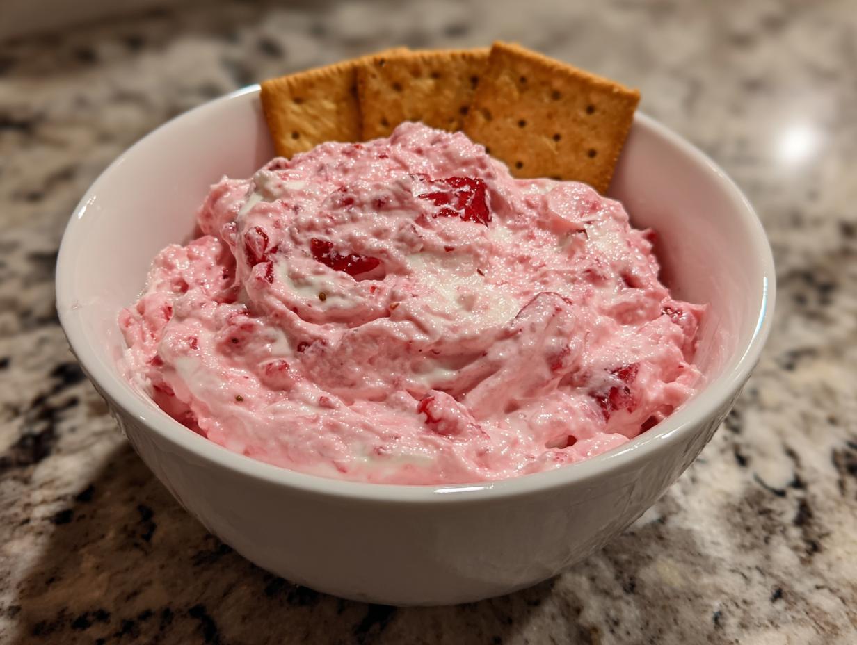 A white bowl filled with creamy pink strawberry cheesecake dip, served with graham crackers sticking out.
