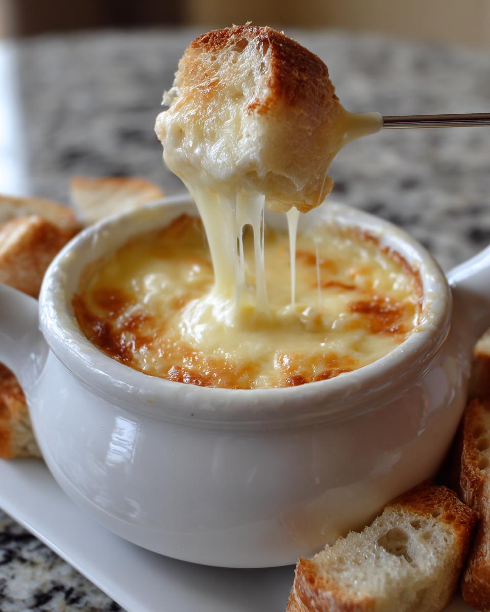A piece of toasted bread being dipped into a white crock of hot, bubbly cheese fondue, showing long cheese pulls.