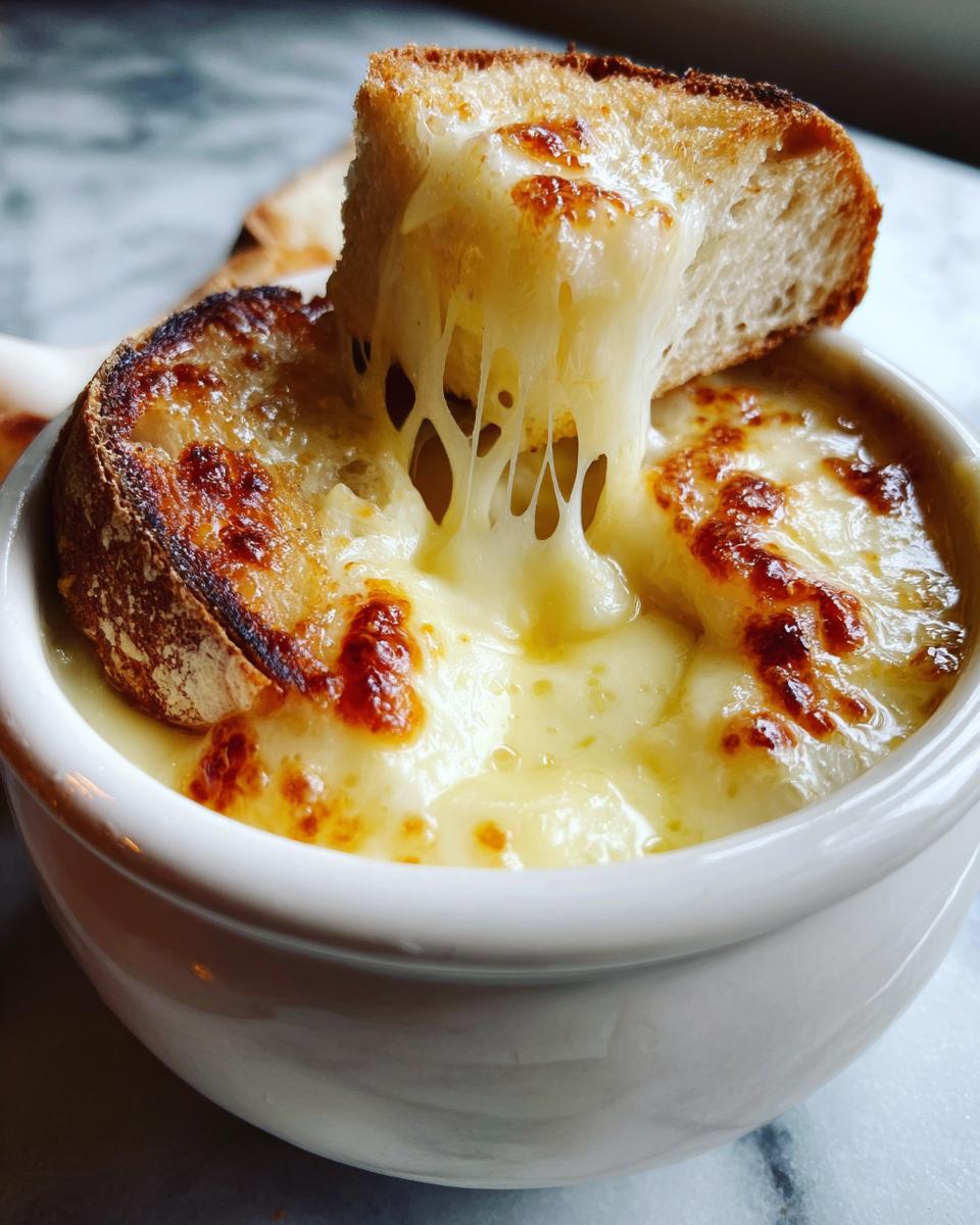 Close-up of incredibly stretchy cheese fondue with a piece of toasted bread being dipped, showing melted cheese strings.