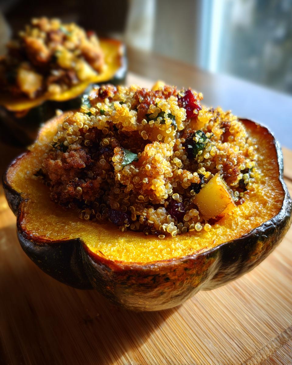 A close-up of a baked acorn squash half filled with a savory quinoa stuffing, perfect for a stuffed acorn squash recipe.