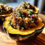 A close-up of a roasted acorn squash half filled with a savory quinoa stuffing, a perfect example of stuffed acorn squash.