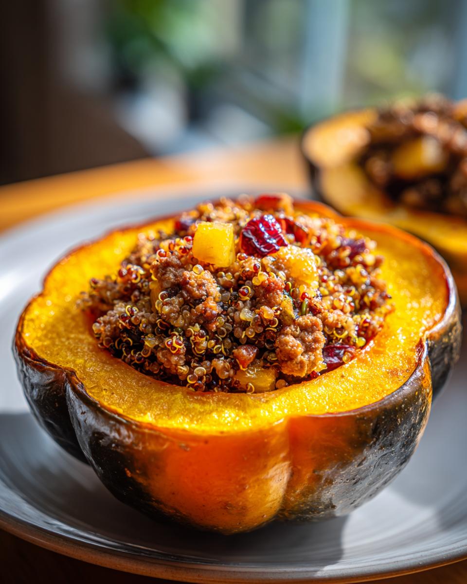 A close-up of a roasted stuffed acorn squash half filled with a savory mixture of quinoa, meat, and dried cranberries, showcasing the bright orange flesh.