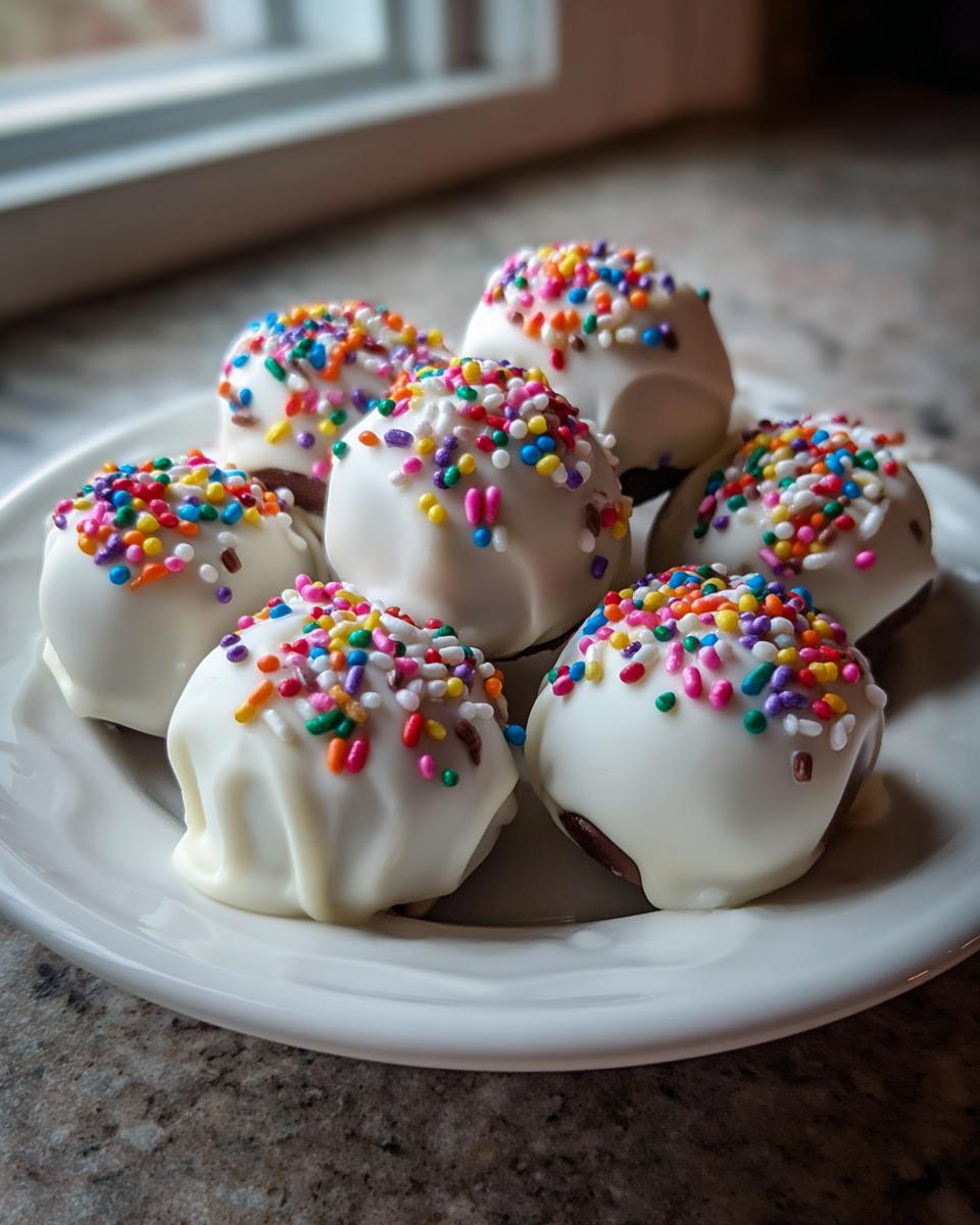 A plate of delicious sugar cookie truffles coated in white chocolate and topped with colorful rainbow sprinkles.
