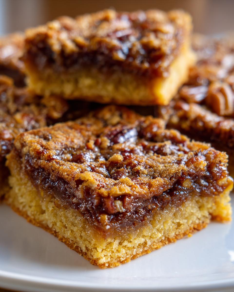 A close-up stack of gooey, golden-brown pecan pie bars showing the thick, nutty topping over a shortbread crust.