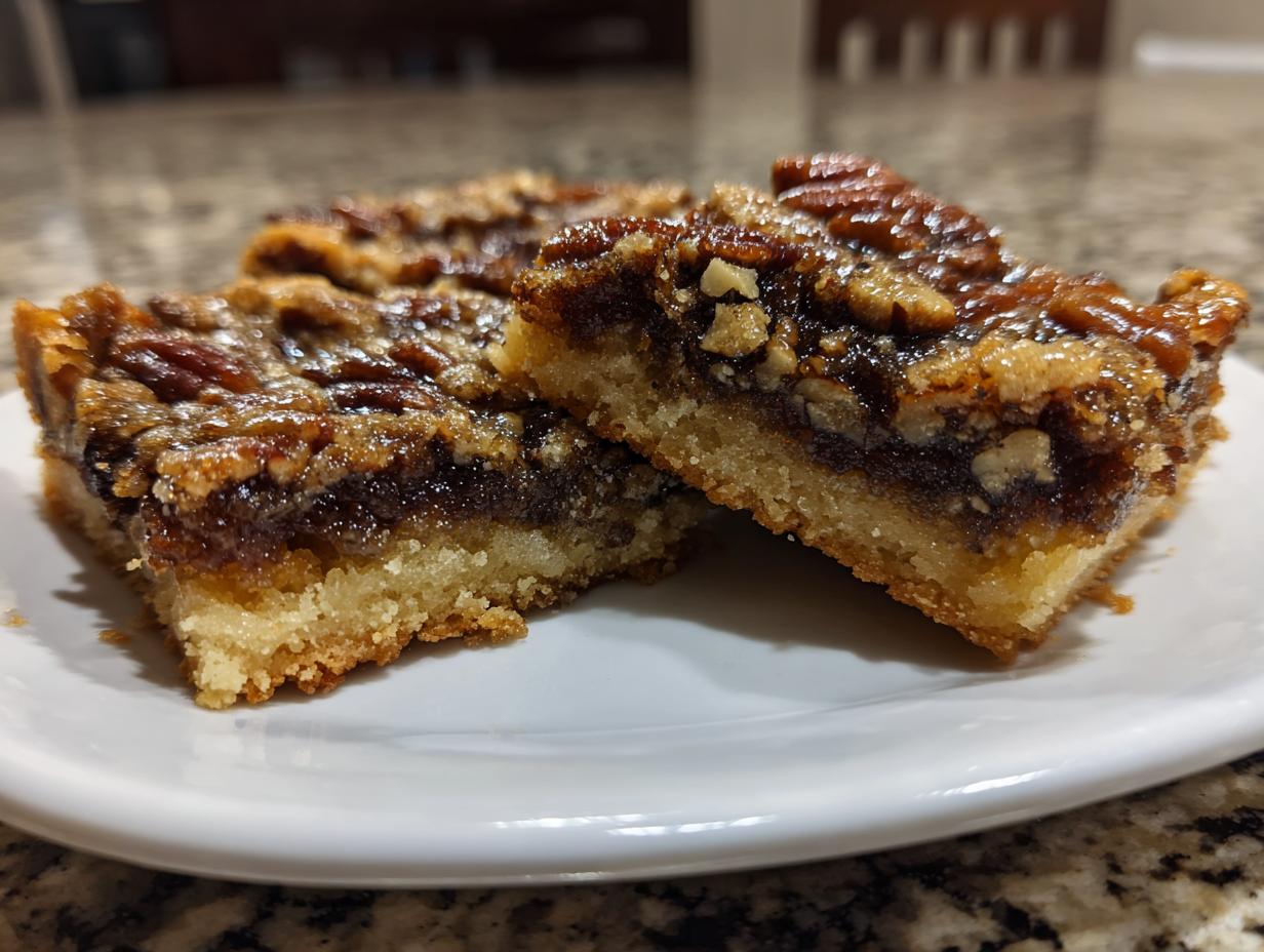 Two gooey, rich pecan pie bars with a thick shortbread crust sitting on a white plate.