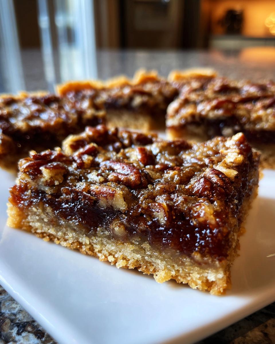 A close-up, appetizing shot of a square pecan pie bars slice showing the buttery crust and gooey pecan topping.
