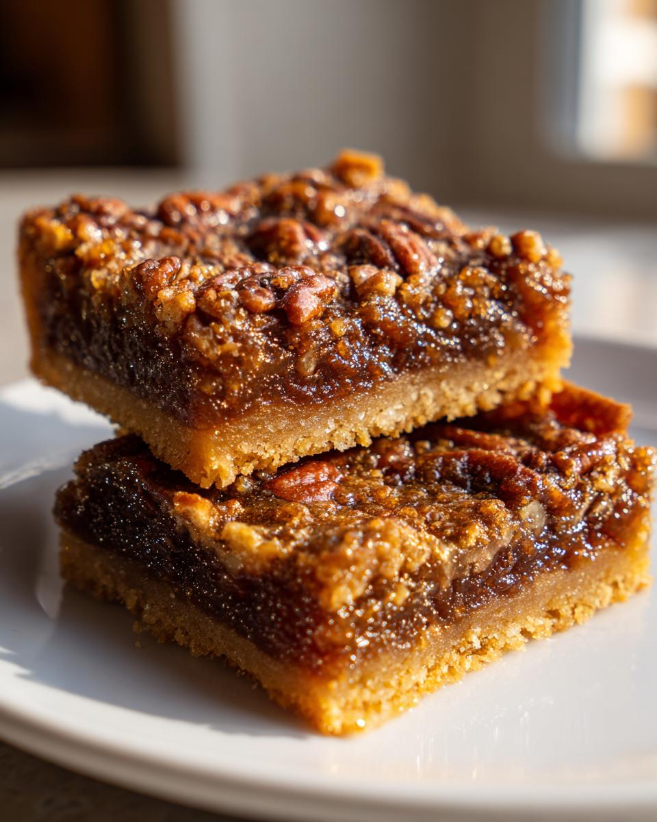 Close-up of two stacked, gooey pecan pie bars with a thick shortbread crust and caramelized pecan topping.