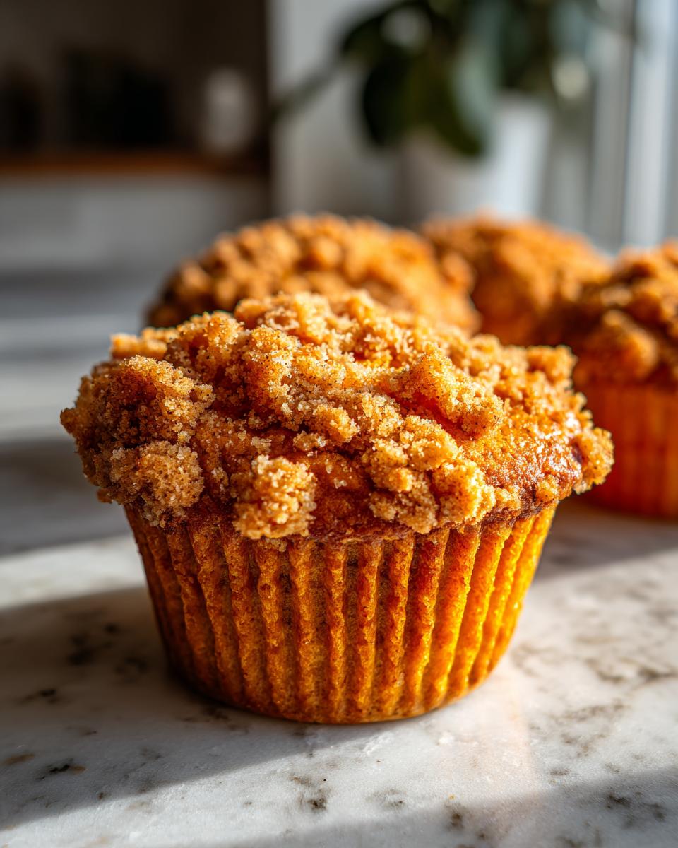 A close-up, sunlit photo of a single, bright orange sweet potato muffin topped with a thick layer of cinnamon streusel topping.