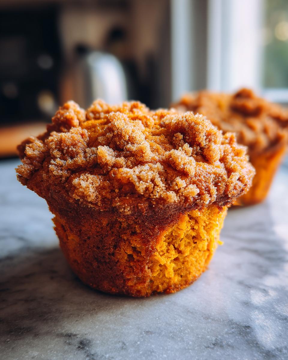A close-up of a freshly baked sweet potato muffin featuring a thick, sugary cinnamon crumb topping.