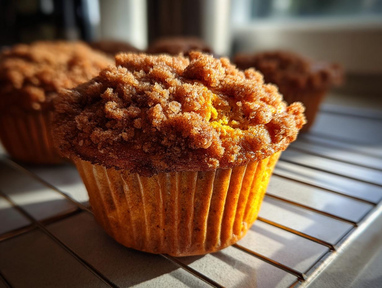 A close-up of a freshly baked sweet potato muffin with a thick, sugary crumb topping cooling on a wire rack.