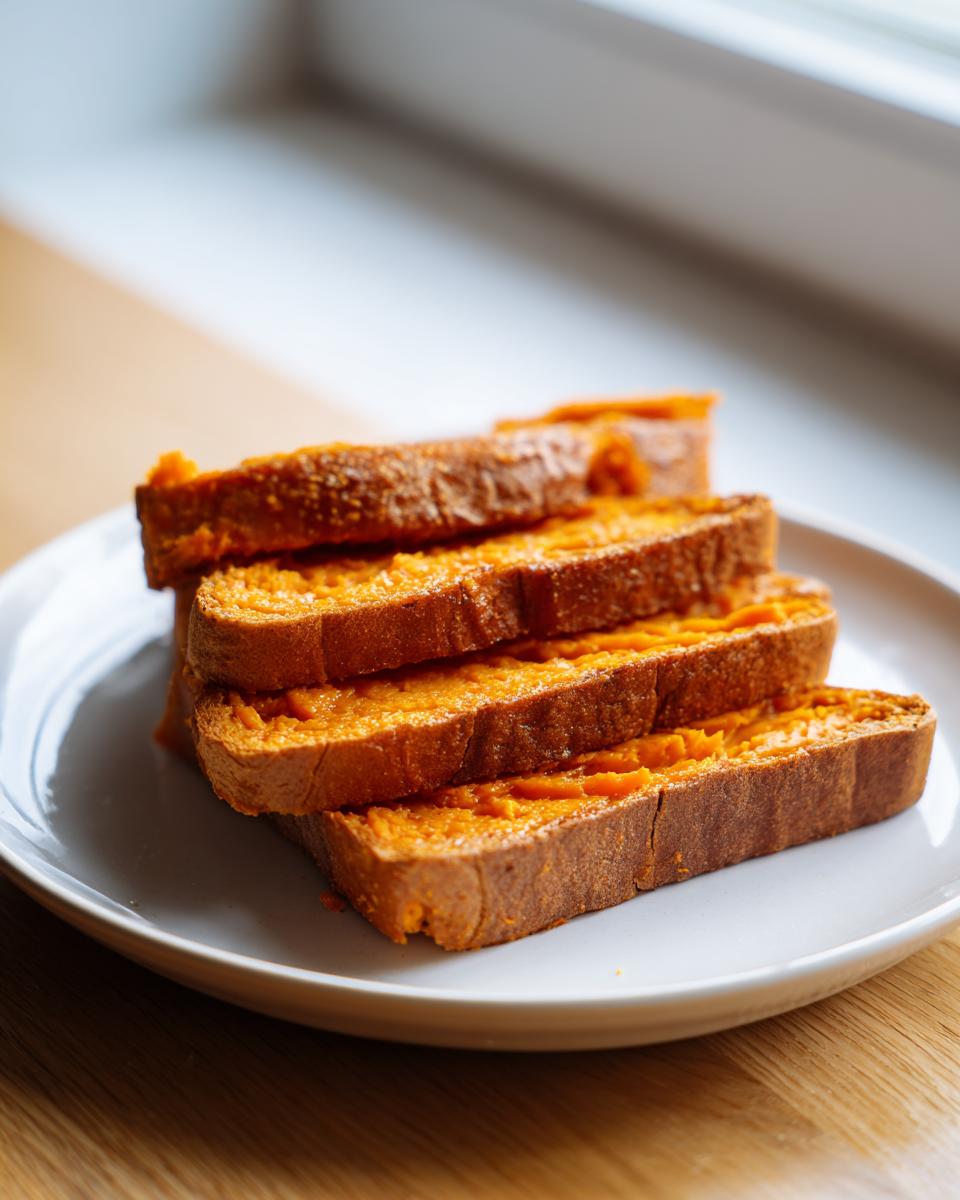 Four slices of toasted sweet potato toast stacked on a white plate near a window.