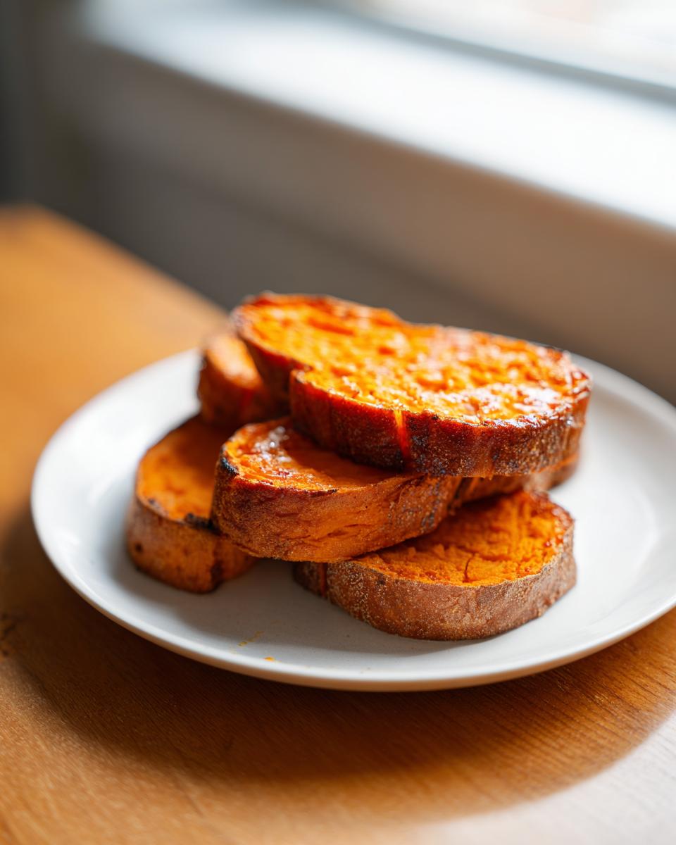 A stack of thick, bright orange slices of sweet potato toast resting on a white plate near a window.