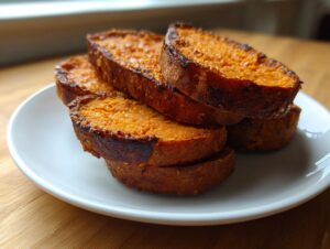 A stack of four thick, golden-orange slices of sweet potato toast on a white plate.