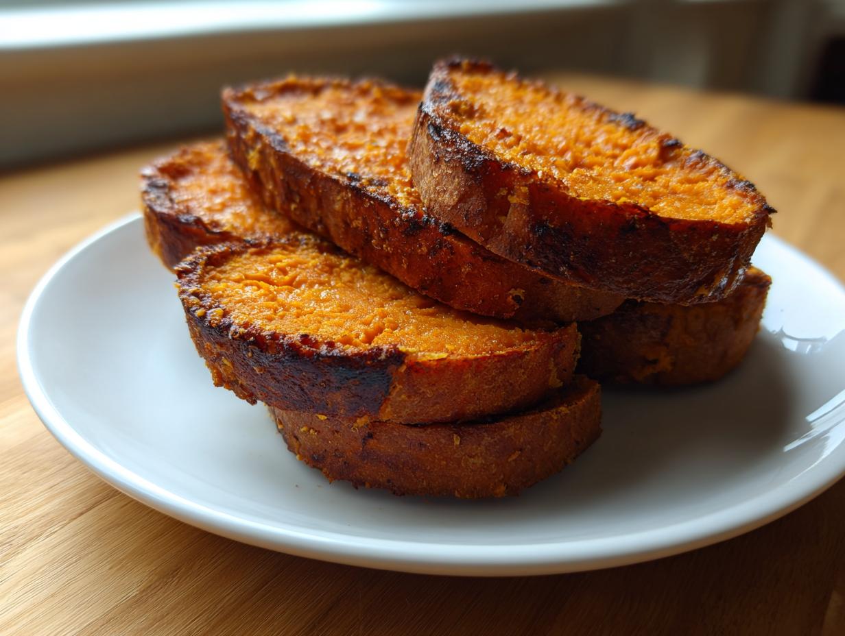 A stack of four thick, golden-orange slices of sweet potato toast on a white plate.