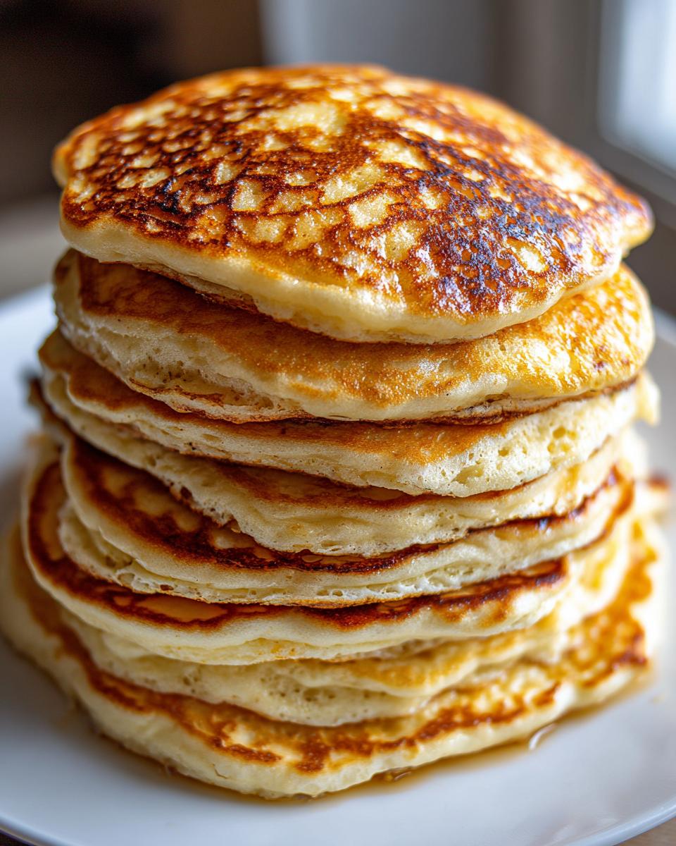A tall stack of golden brown, fluffy pancakes ready to eat.