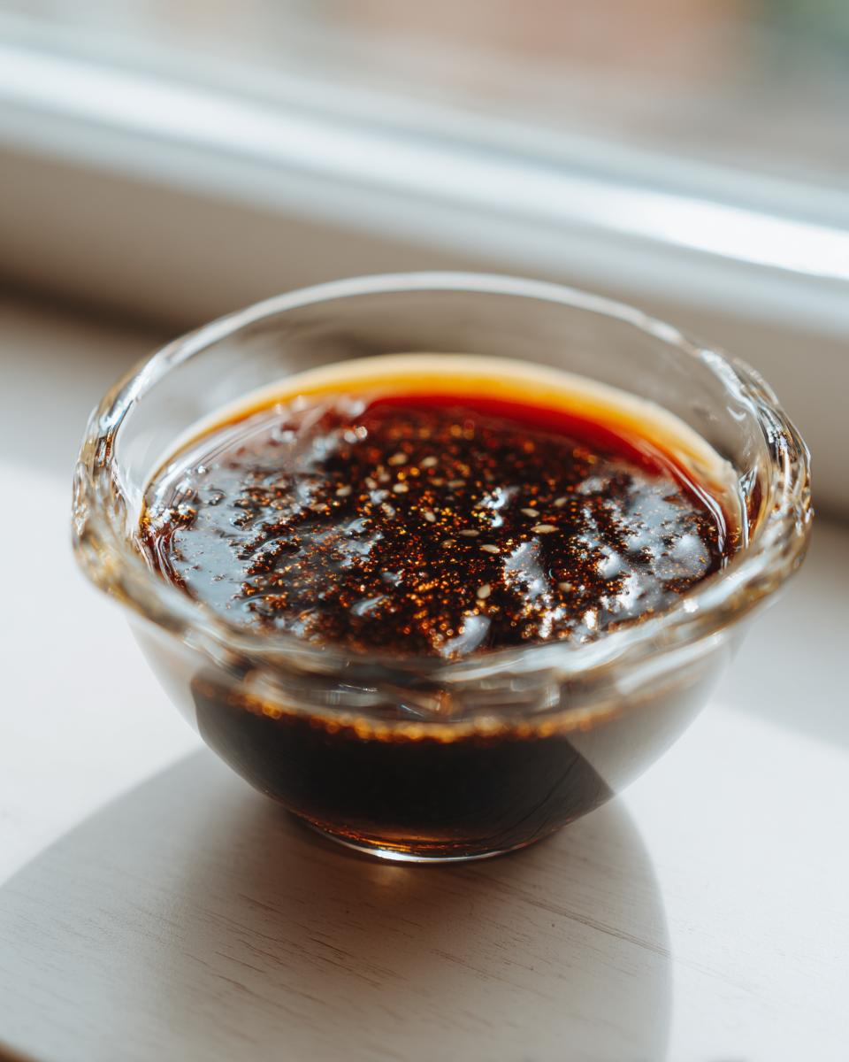 Close-up of thick, glossy homemade teriyaki sauce sprinkled with sesame seeds in a small glass bowl.