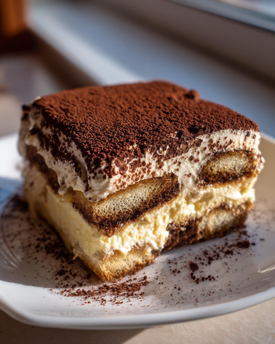 A decadent slice of tiramisu cheesecake featuring layers of cream, coffee-soaked ladyfingers, and a heavy dusting of cocoa powder.