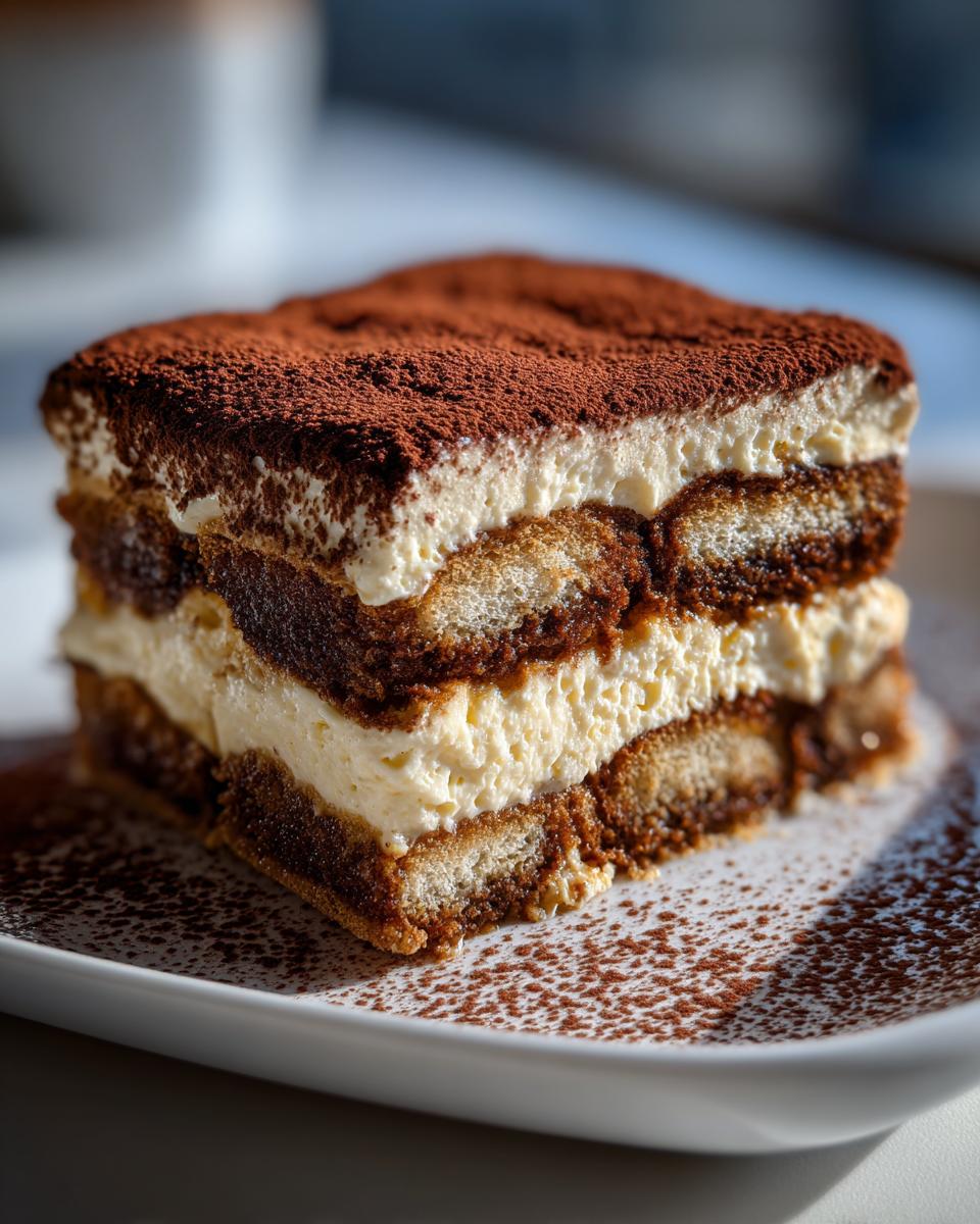 A decadent slice of tiramisu cheesecake layered with cream and coffee-soaked ladyfingers, dusted heavily with cocoa powder.