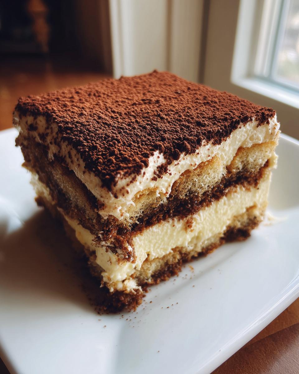 A square slice of layered tiramisu cheesecake dusted heavily with cocoa powder on a white plate.