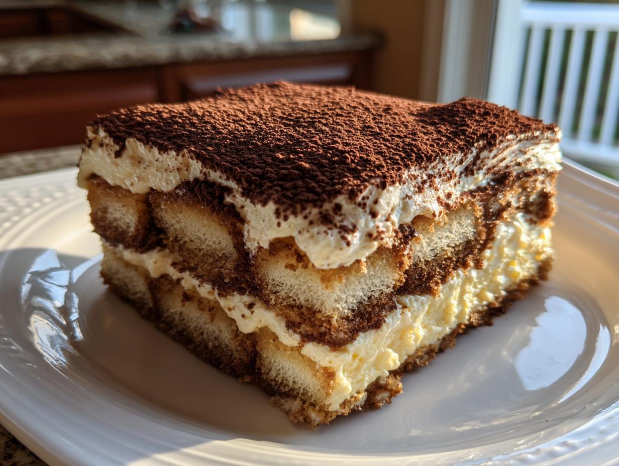 A rich, layered slice of tiramisu cheesecake dusted heavily with cocoa powder, sitting on a white plate.