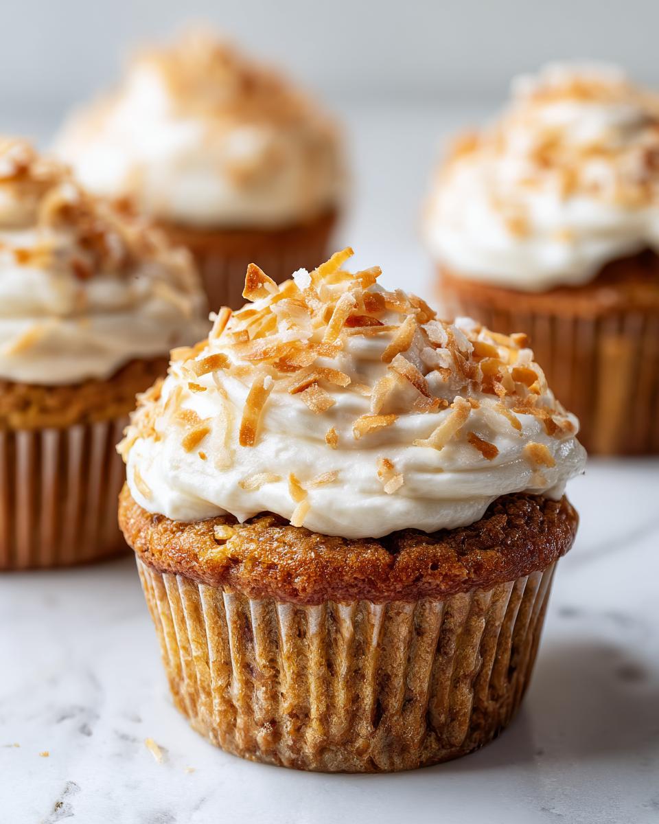 A close-up of one perfectly frosted coconut cupcakes topped with toasted coconut flakes, with more coconut cupcakes blurred in the background.