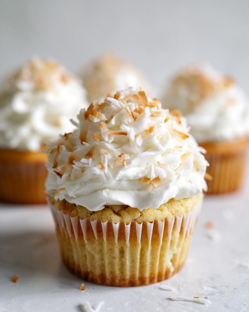 A close-up shot of a single, beautifully frosted coconut cupcake topped with toasted coconut flakes.