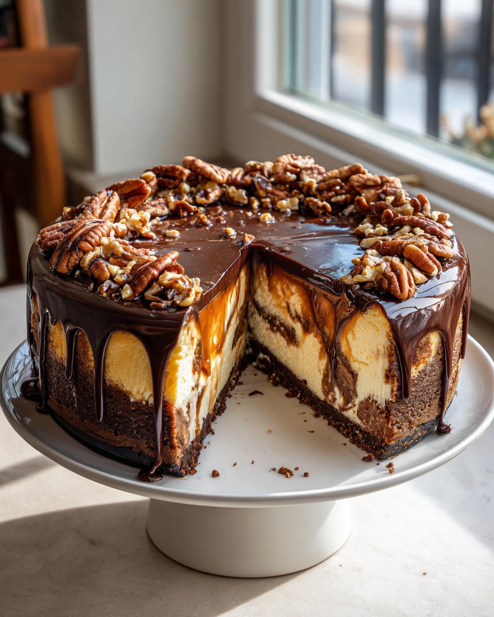 A rich turtle cheesecake with a slice removed, topped with chocolate ganache and pecans.