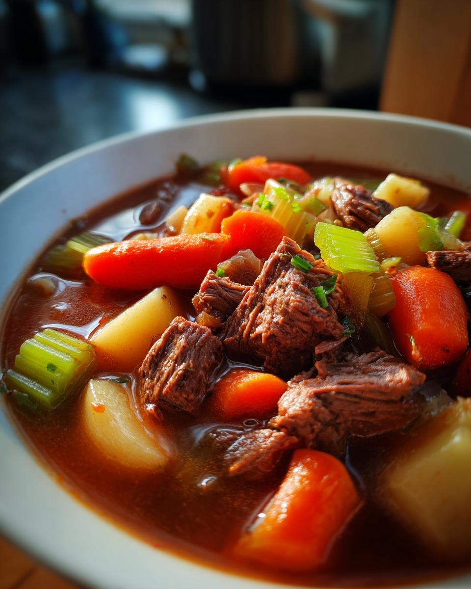 Close-up of a steaming bowl of rich vegetable beef soup featuring chunks of beef, bright orange carrots, celery, and potatoes.