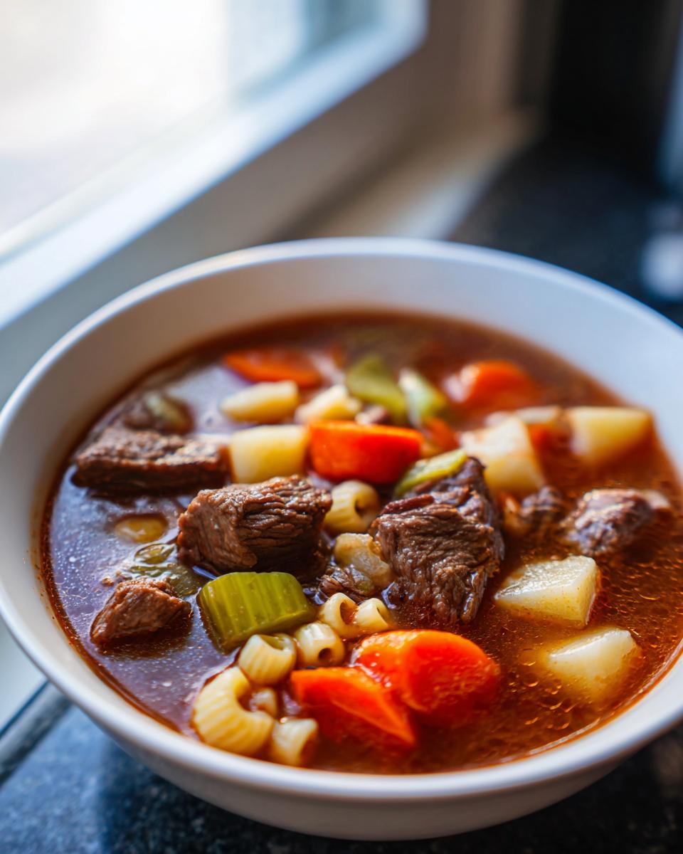 Close-up of a white bowl filled with rich vegetable beef soup, showing chunks of beef, carrots, celery, potatoes, and elbow macaroni.
