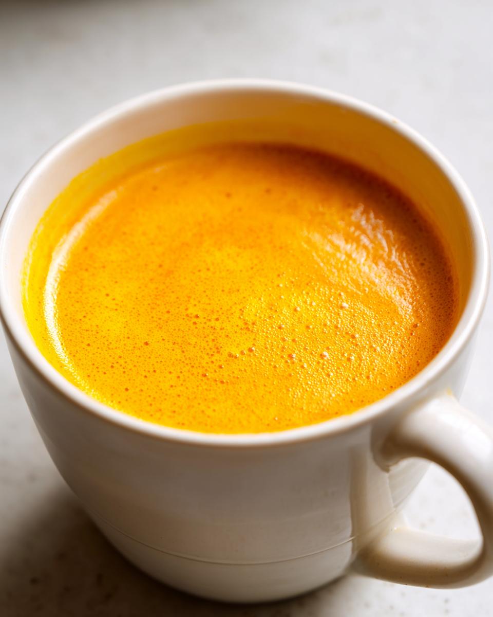 Close-up of vibrant, frothy orange cheese soup served in a white ceramic mug.