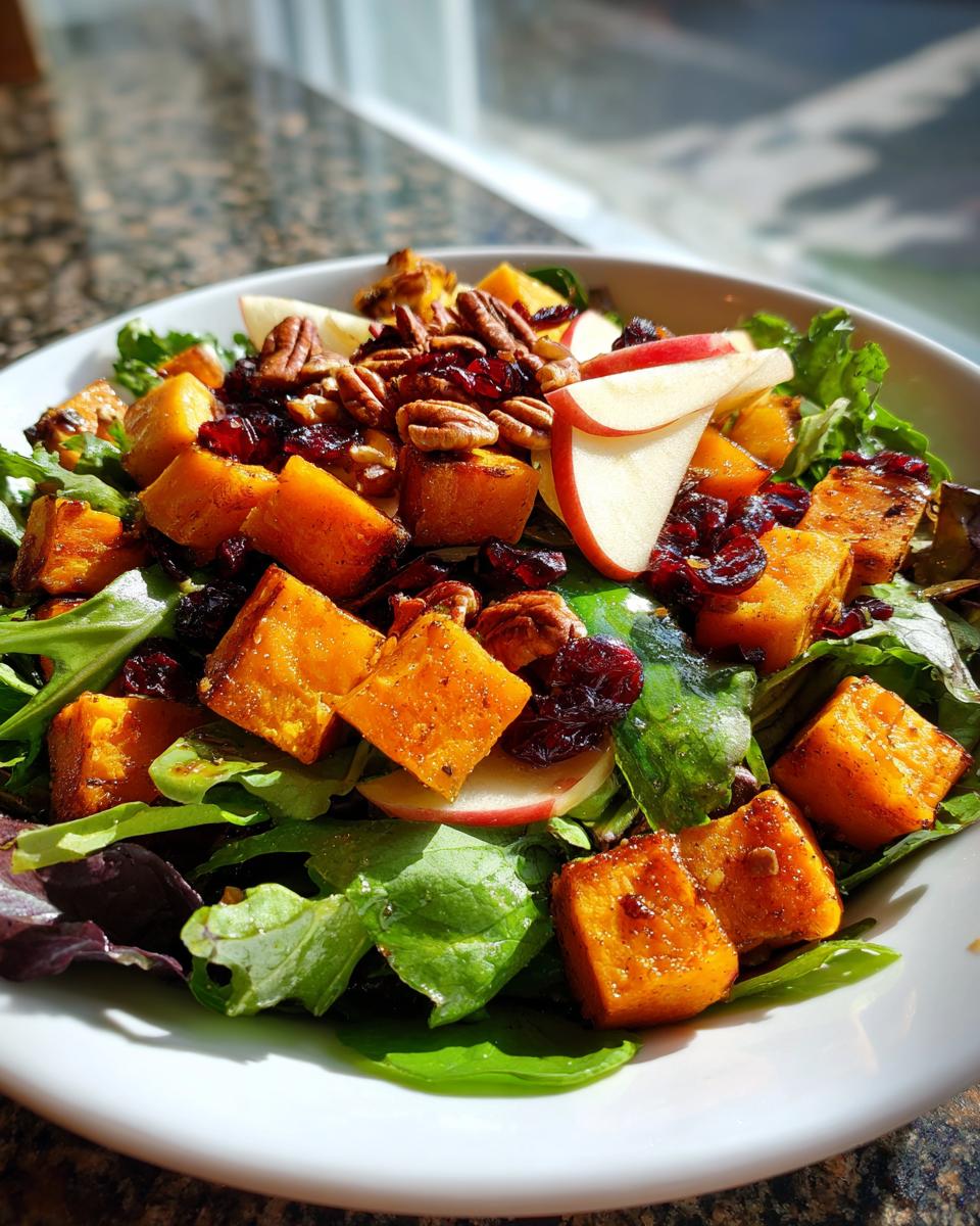 Close-up of a vibrant fall harvest salad featuring roasted orange squash cubes, pecans, dried cranberries, and apple slices on mixed greens.